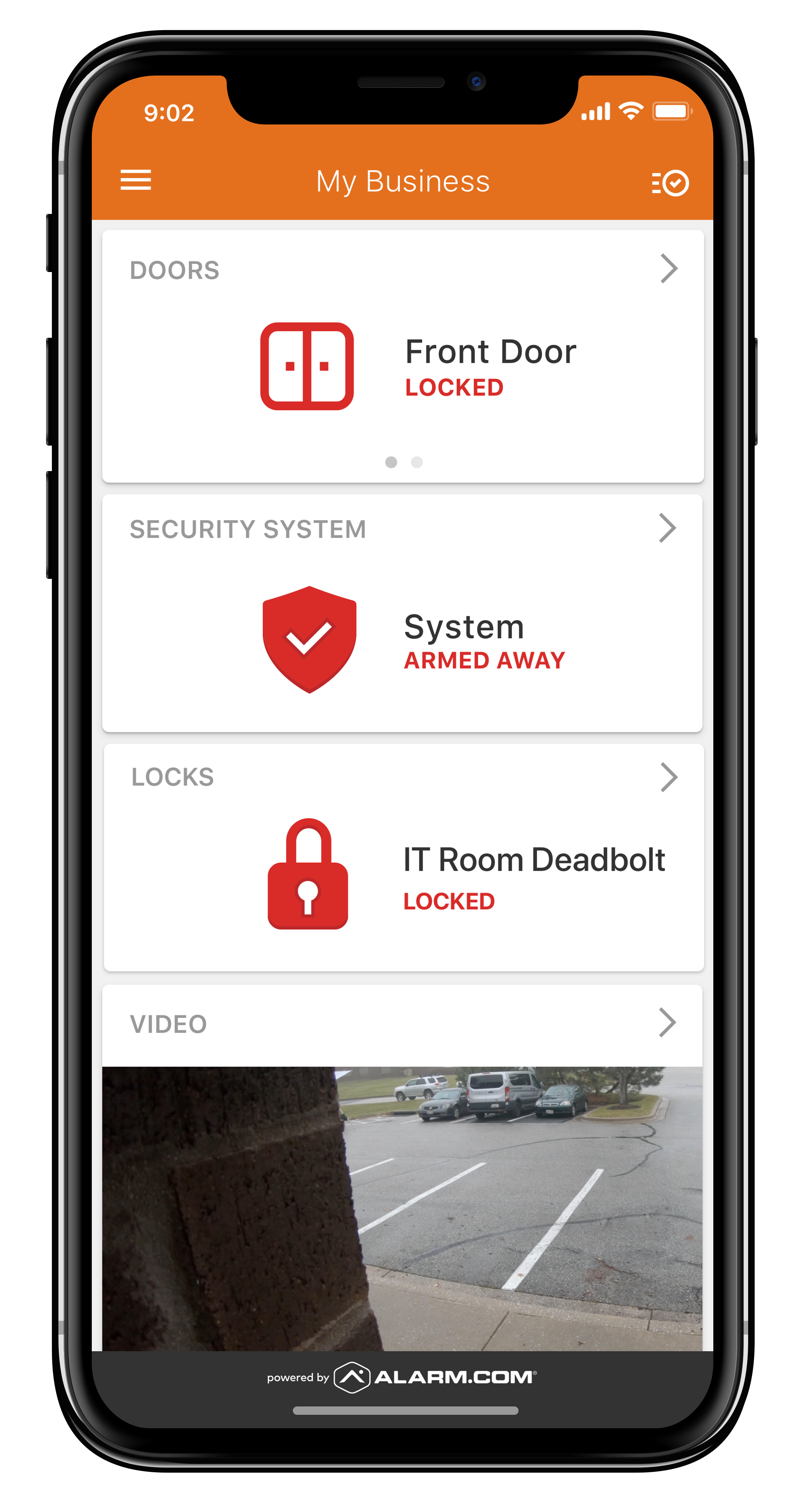 Alarm.com business app dashboard showing Front Door locked, security system armed and an IT room deadbolt for a San Antonio commercial access control system