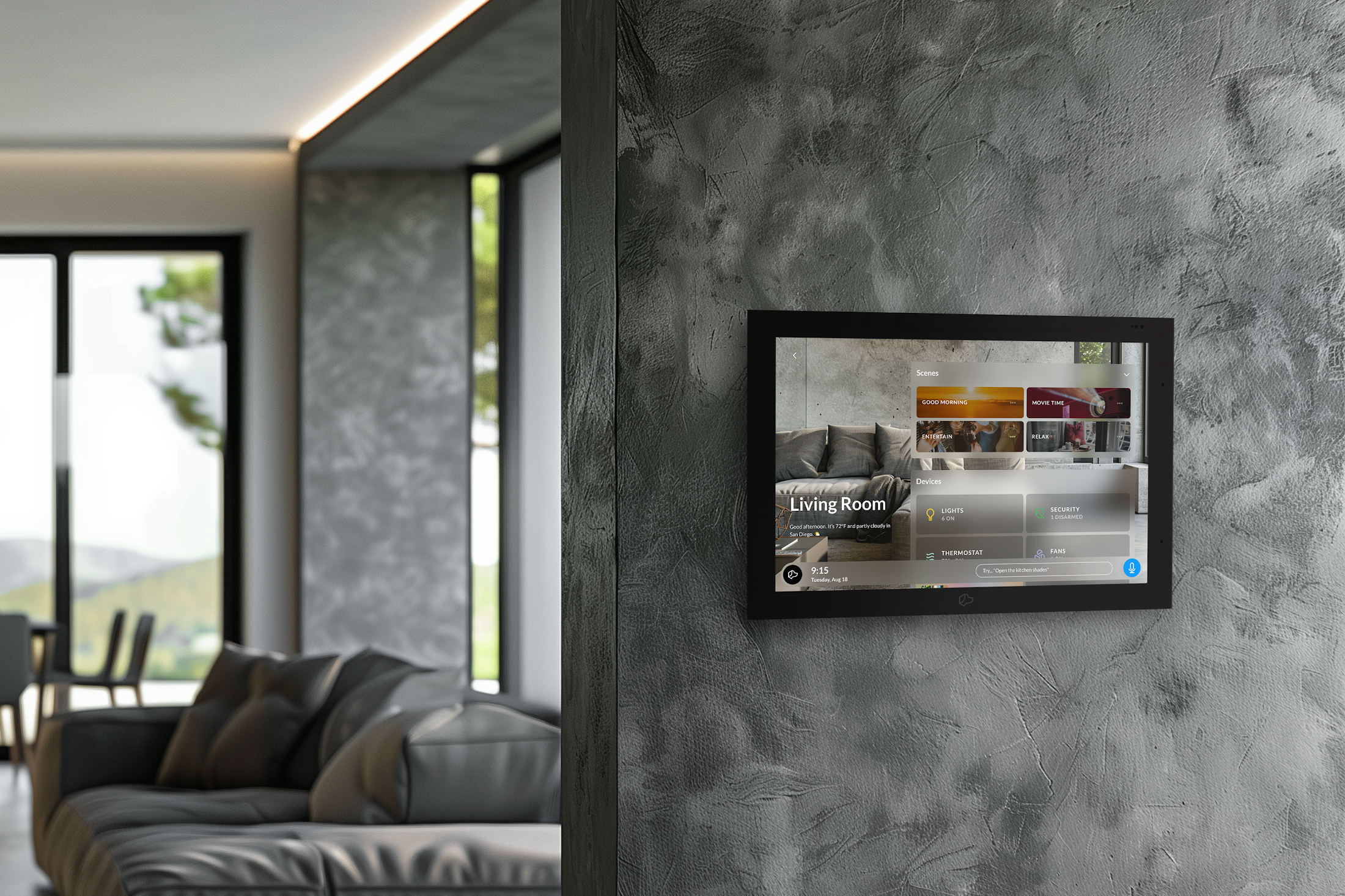 Josh.ai touchscreen mounted in a luxury living room showing the home control interface