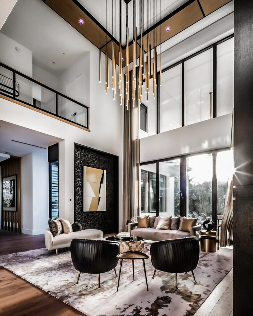 Luxury living room in the evening with Josh.ai smart home automation